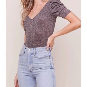 ASTR the Label Metallic Purple Deidra Bodysuit Puff Sleeves